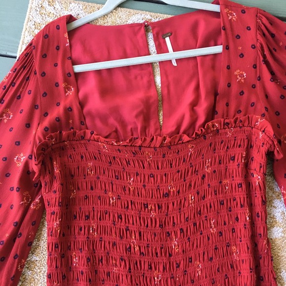 Free People Two Faces Mini Dress Size M Red Smocked Square Neck Cottage Boho - Picture 3 of 10